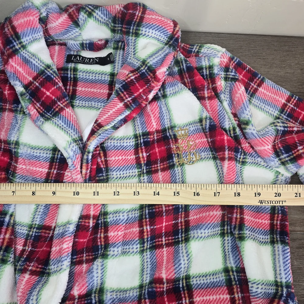 NWT Lauren Ralph Lauren Ivory Plaid Plush Bath Robe Size Small Cozy Warm Lounge